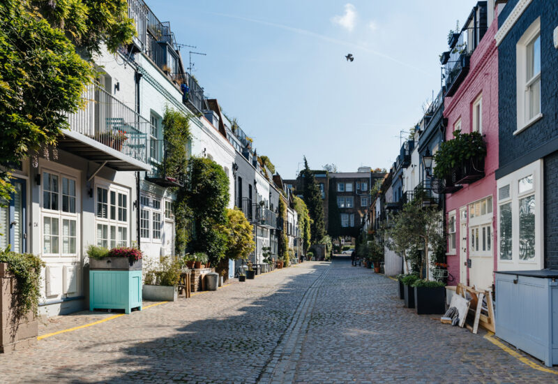 View of the picturesque St Lukes Mews alley near Portobello Road in Notting Hill, London